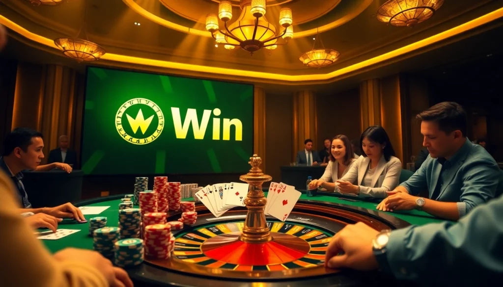 Win79 logo displayed prominently in a luxurious casino scene with poker chips and cards.