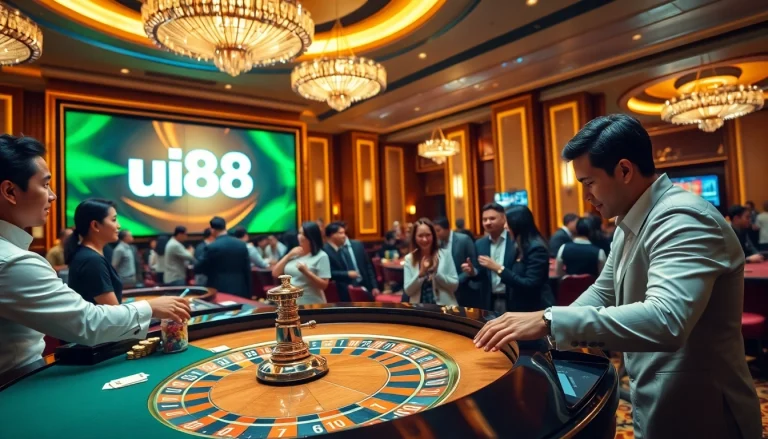 Feel the excitement of UU88 at a vibrant roulette table with players and colorful chips.
