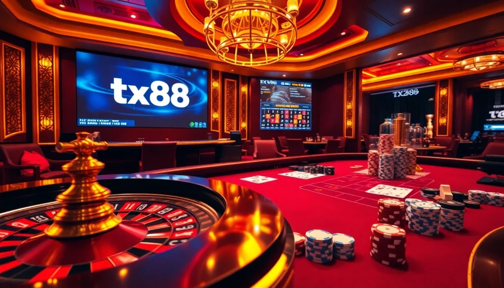 Exciting gambling scene featuring tx88 with poker chips and roulette for a thrilling experience.