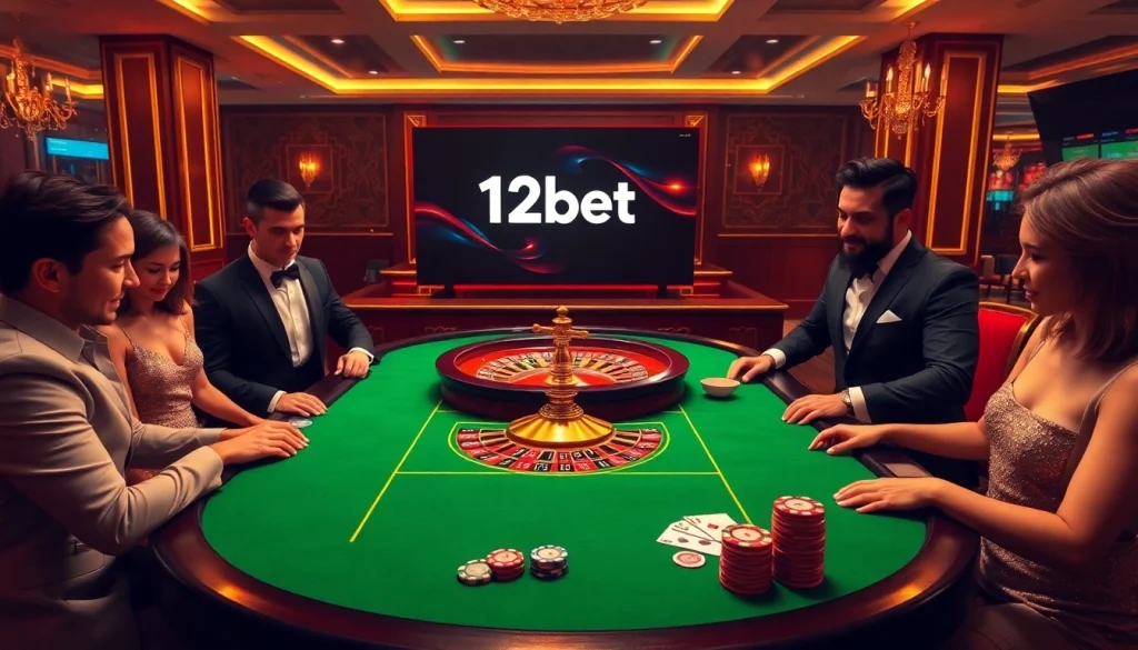 Gambling excitement at a 12bet casino table with roulette wheel and colorful chips.
