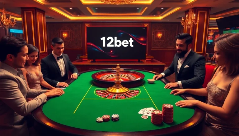 Gambling excitement at a 12bet casino table with roulette wheel and colorful chips.