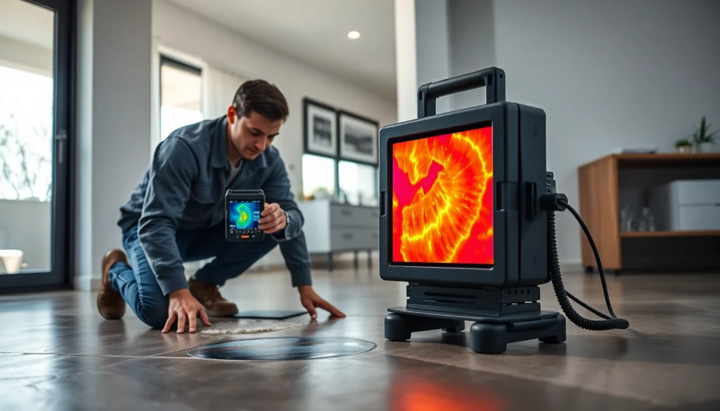 Detecting a leak in concrete floor through thermal imaging technology, showing the technician at work.