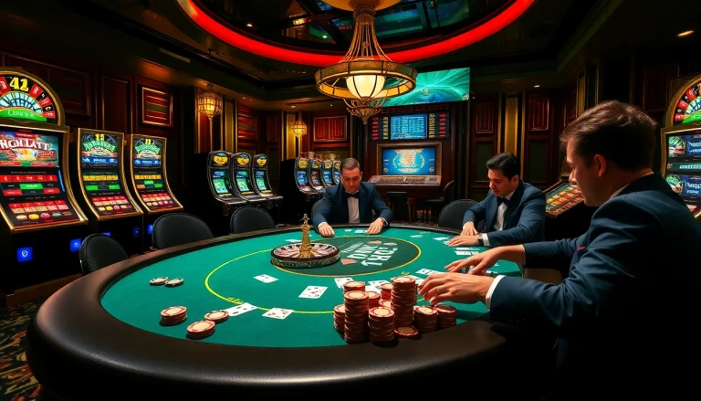 KJC poker players strategizing at a luxurious casino table with vibrant slot machines.
