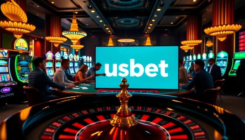 Experience the thrill of usbet gaming with vibrant casino tables and excited players.