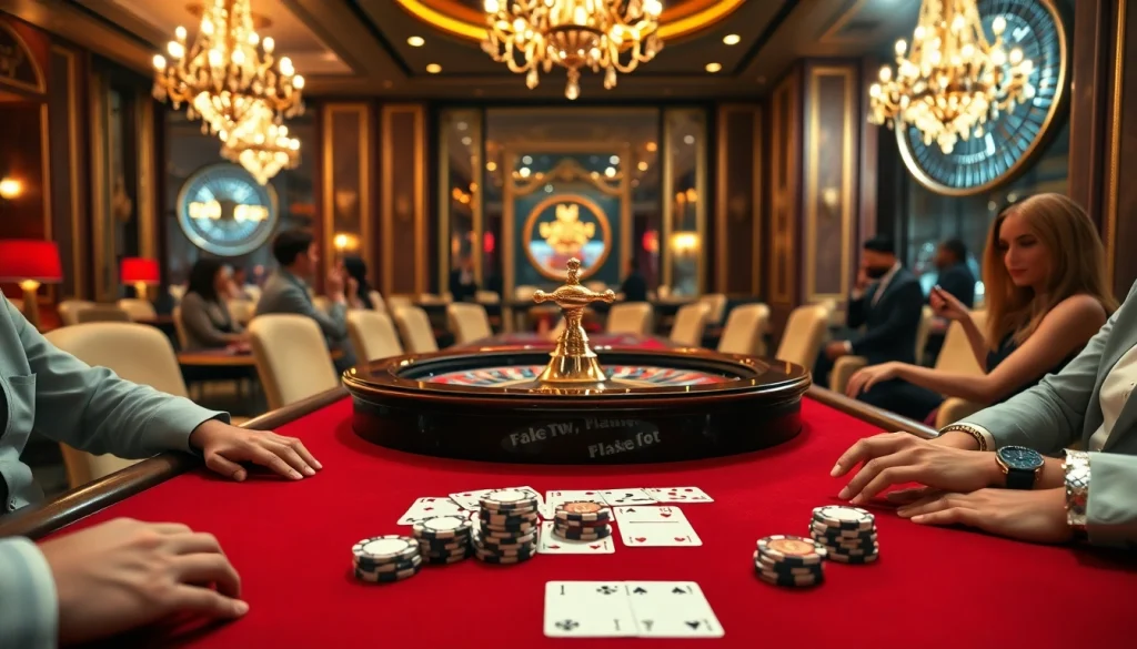 F8Bet poker table with high-stakes chips and cards in a luxury casino setting.