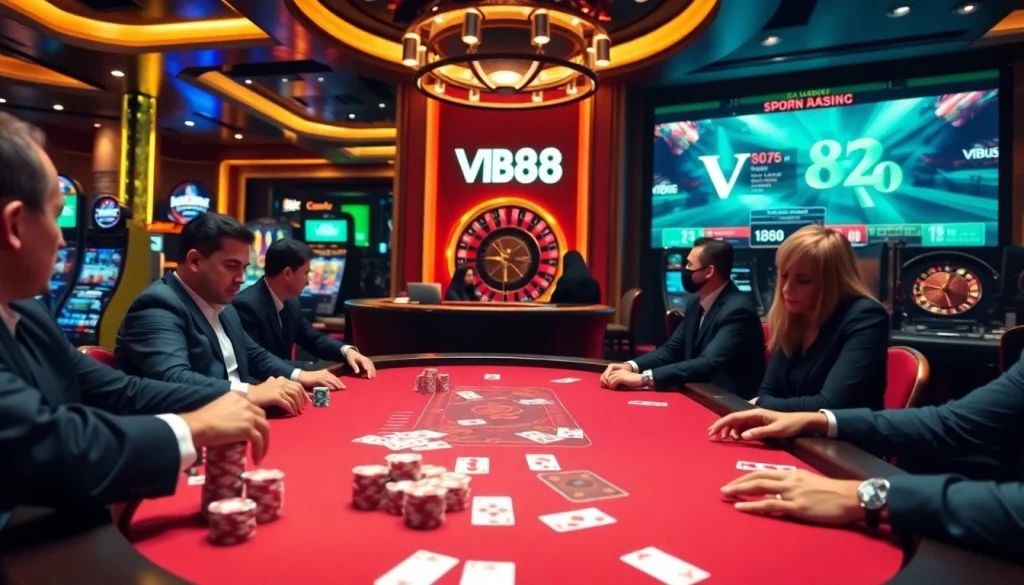 Engaged players enjoying a luxury poker game at Vb88 casino, showcasing excitement and strategy.