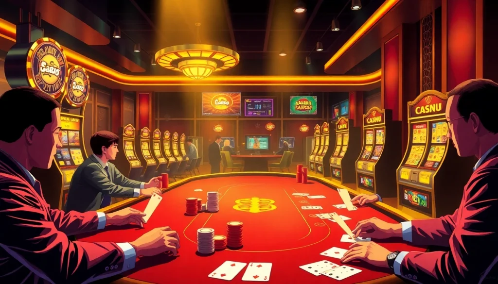 Engaged players placing bets at a luxurious casino featuring birutoto-themed slot machines and poker tables.