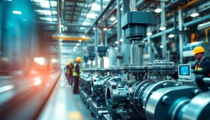 High-tech manufacturing scene featuring HM88 series valves with workers in safety gear and illuminated machinery.