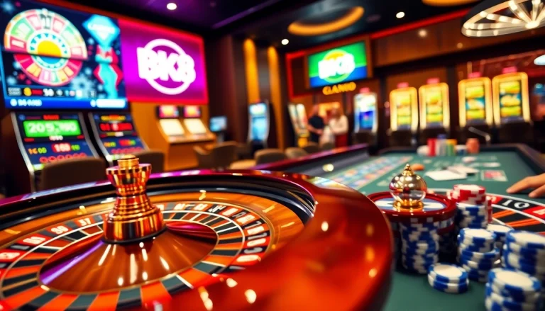 Experience thrilling action at https://bk8x.club/ with a luxurious casino scene showcasing gaming tables and vibrant roulette wheels.