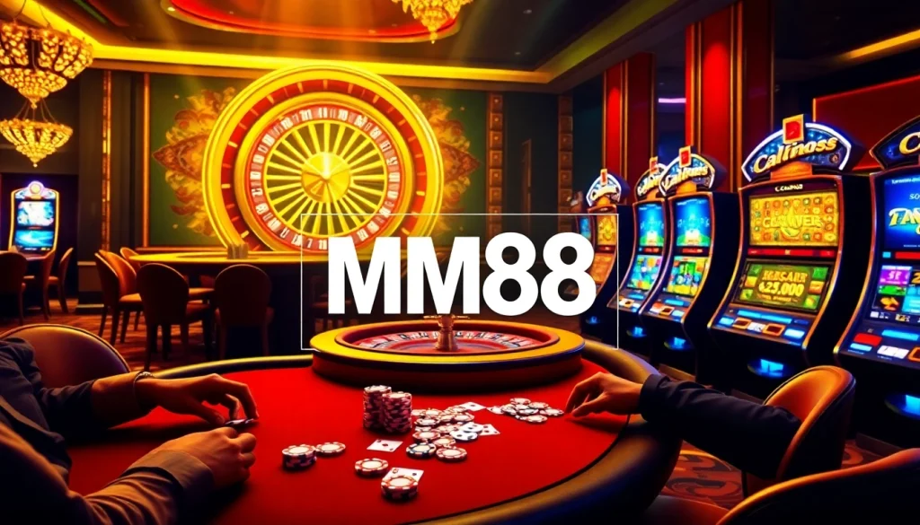 Players strategizing at a poker table in a luxurious MM88 casino setting.