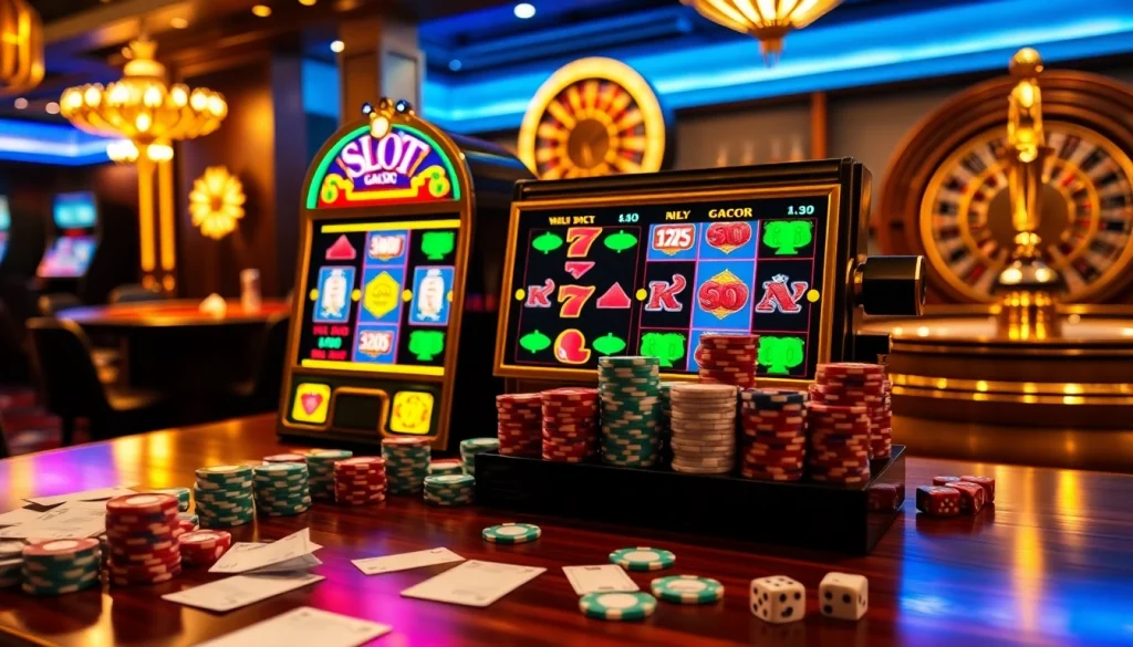 Engaging Slot Gacor scene with vibrant slot machine and poker chips in a luxurious casino.