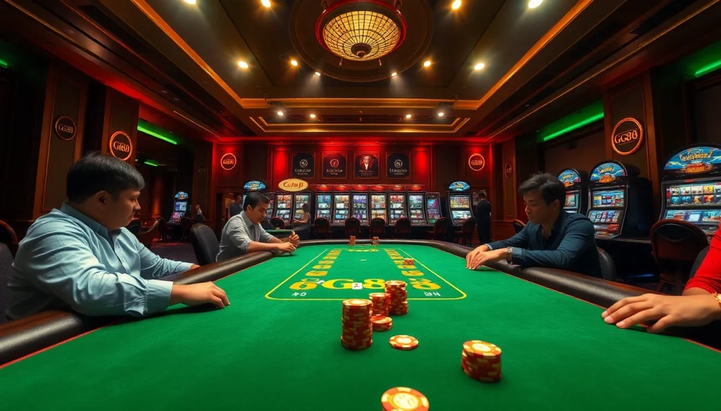 Experience the thrilling action at a GG88 poker table surrounded by vibrant slot machines.