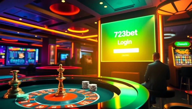 Engaging casino scene depicting 733bet Login with vibrant slot machines and poker chips.