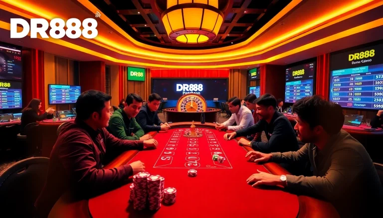 Experience the excitement of DR88 with vibrant poker chips and a spinning roulette wheel in a modern casino.
