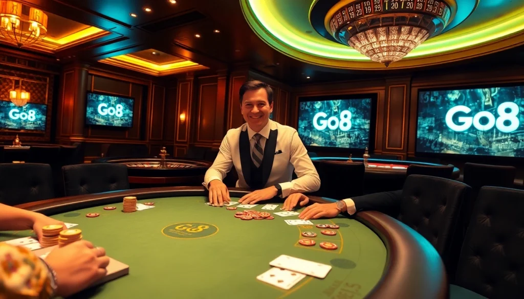 Exciting poker scene with Go8 branding, showcasing a high-stakes table and players engaged.