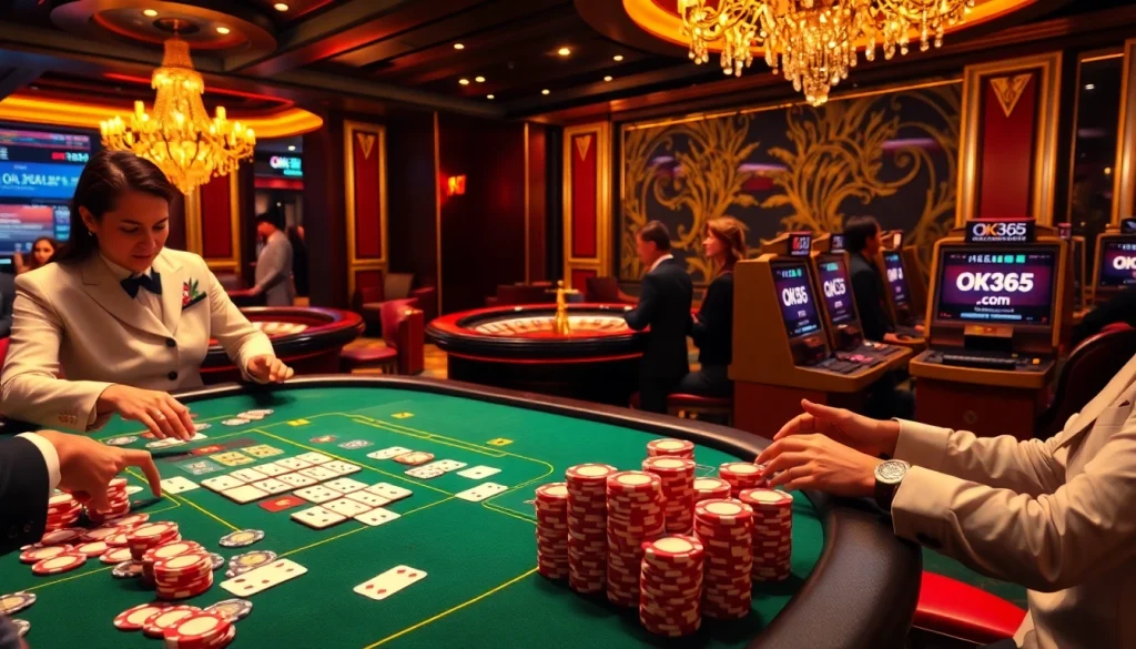 High-stakes poker action at OK365 com casino with vibrant colors and luxurious ambiance.