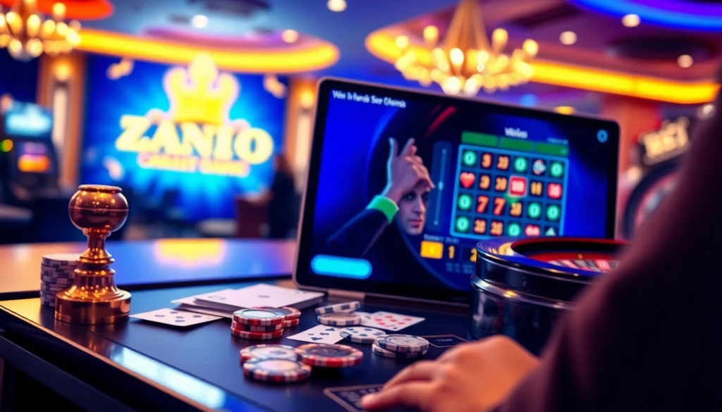 Engaging scene of online gambling on https://123win.click/ with casino tables, poker chips, and cards.