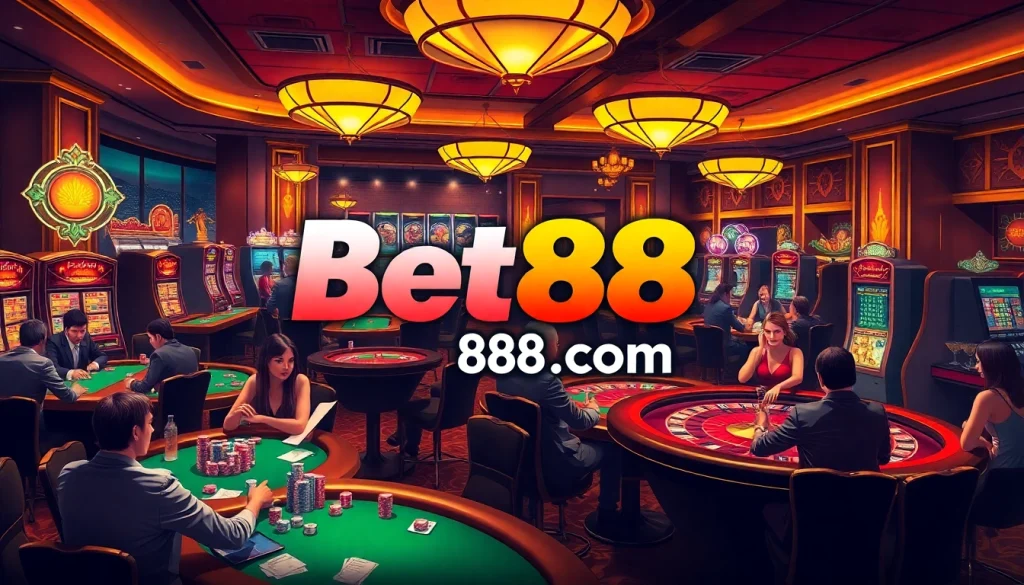 Experience thrilling moments at Bet88 com with vibrant casino tables and players engaged in gambling action.