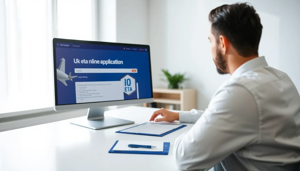 Complete the uk eta online application process from a modern office setting.