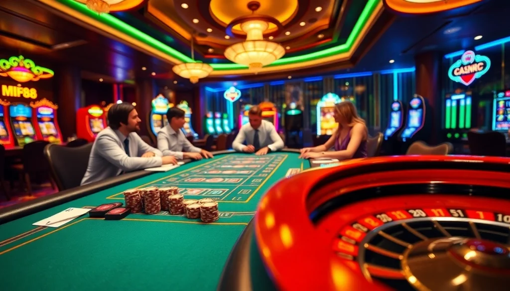 Engaging gamers at MM88 around a luxurious blackjack table in a vibrant casino.