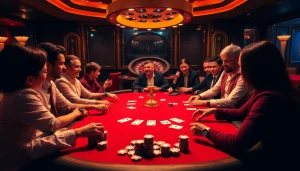Players strategizing over a heated SX88 poker game in a luxurious casino atmosphere.