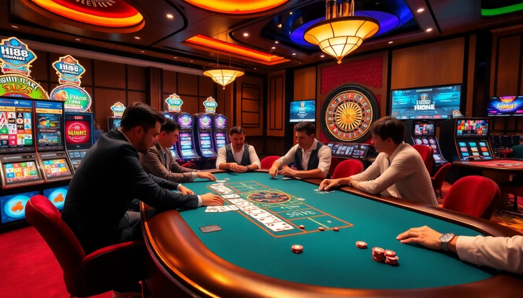 Players enjoying a dynamic card game at Hi88 casino, vibrant slots and roulette wheel in view.