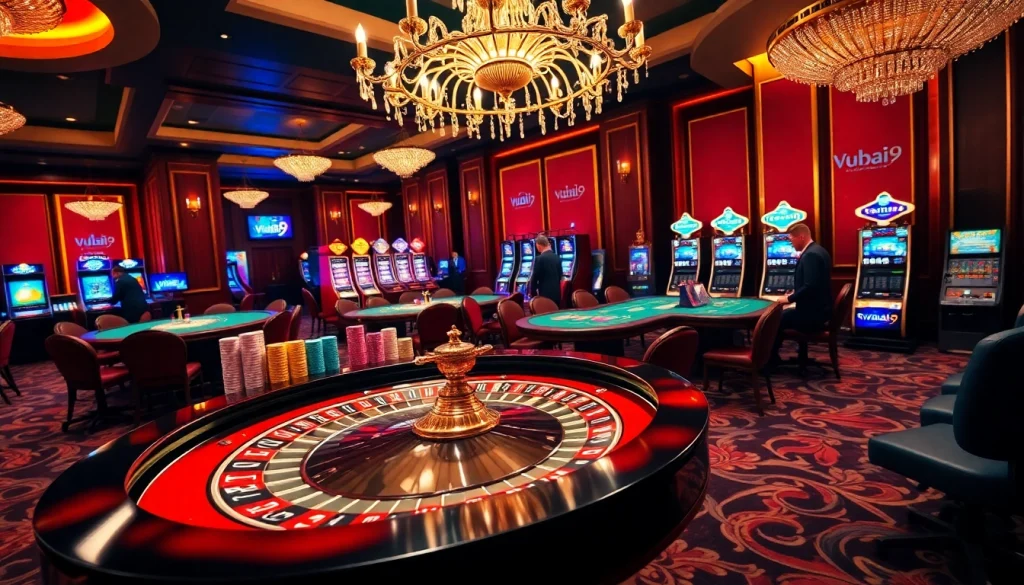 Experience high-stakes excitement at Vuabai9 with a vibrant casino floor showcasing roulette and poker.