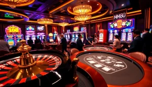 Players engaging in thrilling casino games at MM88, featuring a poker table and slot machines.