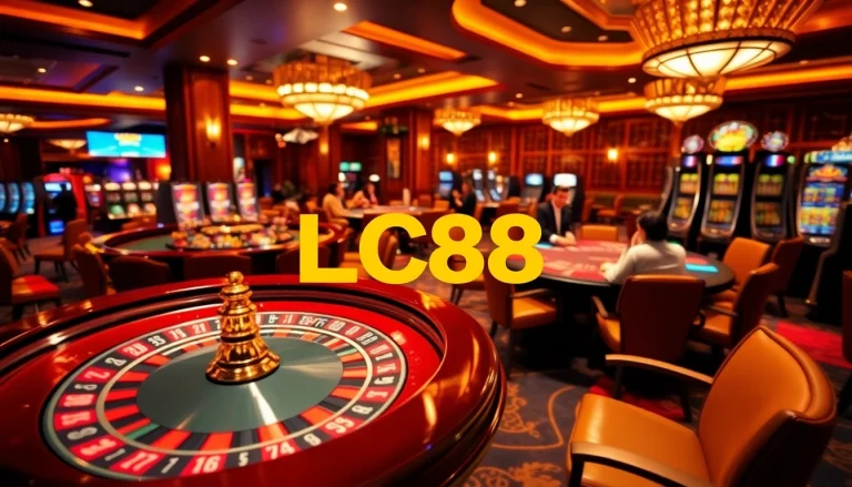 Players experiencing the thrill of gambling at LC88 with exciting casino tables and vibrant slot machines.