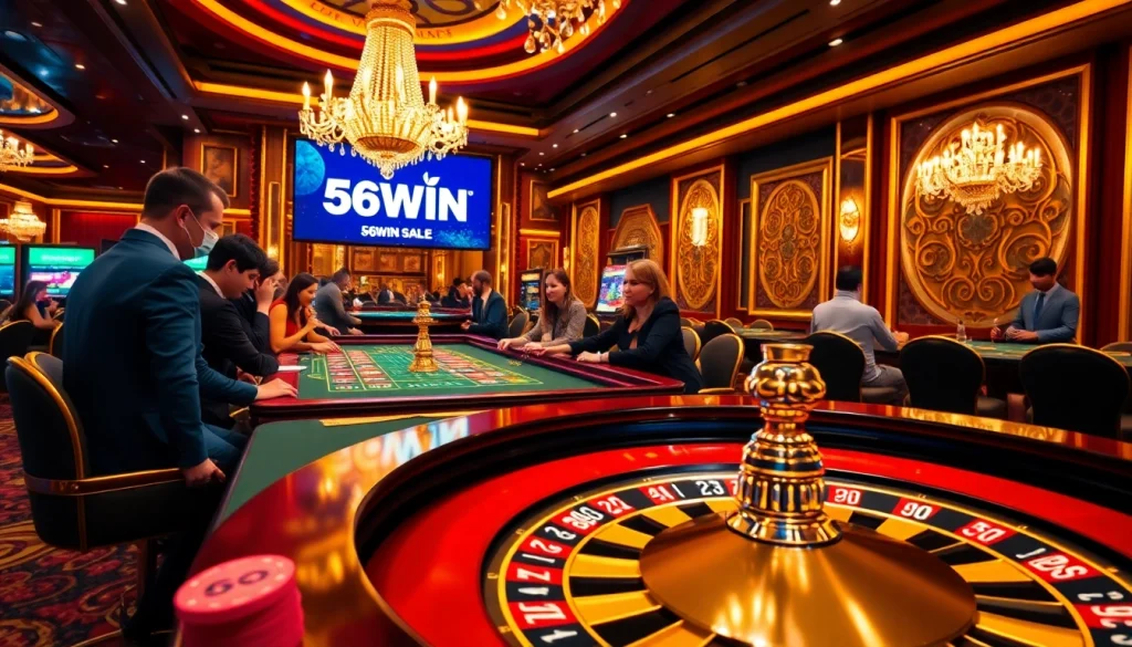 Experience the thrilling atmosphere at 56WIN.SALE with players eagerly betting at a vibrant roulette table.