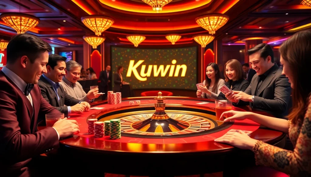 Kuwin roulette table with players enjoying a lively casino atmosphere and vibrant chips.