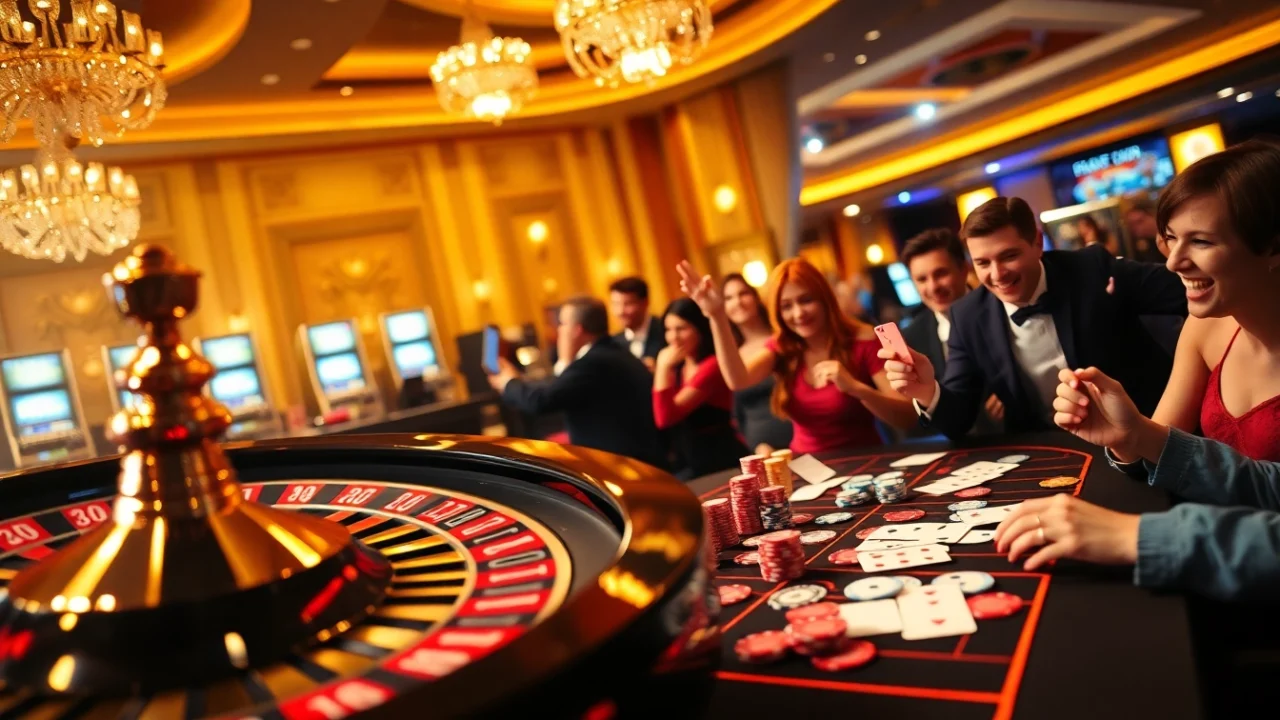 HB88 casino scene featuring players at a poker table and a spinning roulette wheel amid vibrant luxury.
