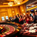 HB88 casino scene featuring players at a poker table and a spinning roulette wheel amid vibrant luxury.