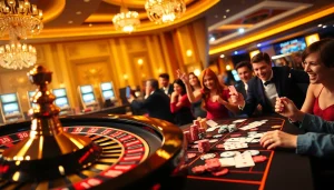 HB88 casino scene featuring players at a poker table and a spinning roulette wheel amid vibrant luxury.