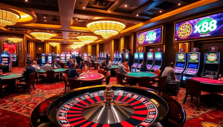 Players enjoying high-stakes gaming at a luxurious casino featuring xo 88, roulette, and slot machines.