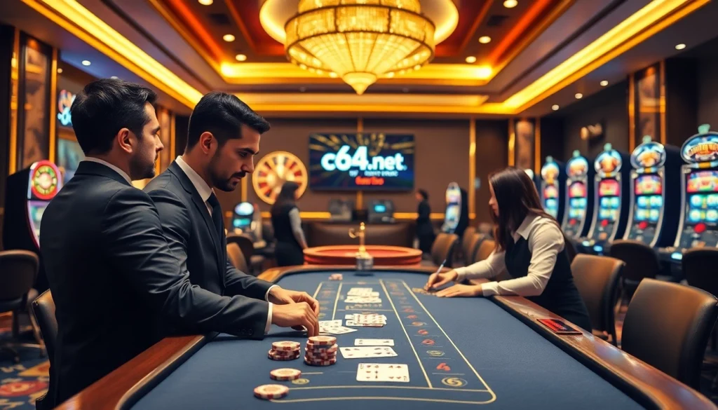 Engaging gamblers play at a professional casino table at c54.gb.net, enjoying high-stakes excitement.