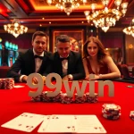 Exciting blackjack scene at a casino with 99win betting slips and vibrant decor.