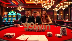 Exciting blackjack scene at a casino with 99win betting slips and vibrant decor.