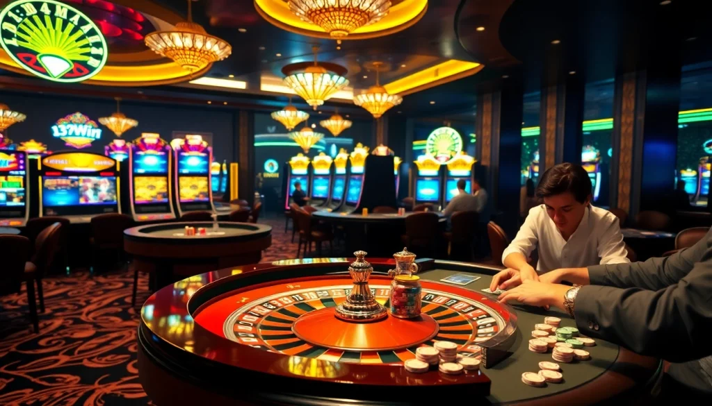 Players enjoying thrilling games at the 13Win casino, showcasing excitement and luxury.