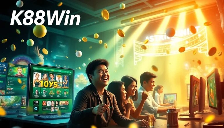 Vibrant online gambling scene showcasing K88Win gaming options with excited players and sleek interfaces.
