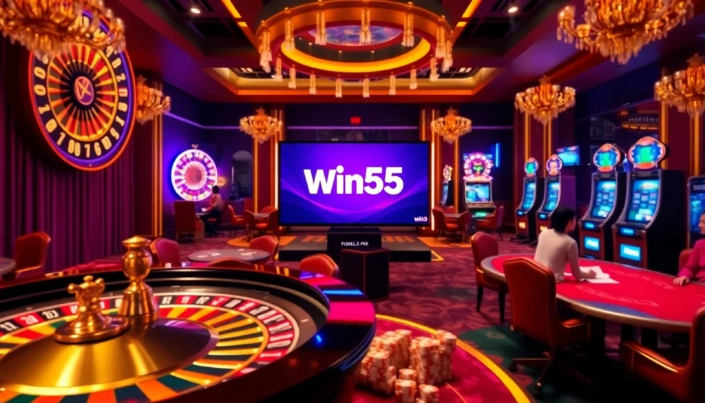 Win55 features engaging poker tables and colorful slot machines in a vibrant casino atmosphere.
