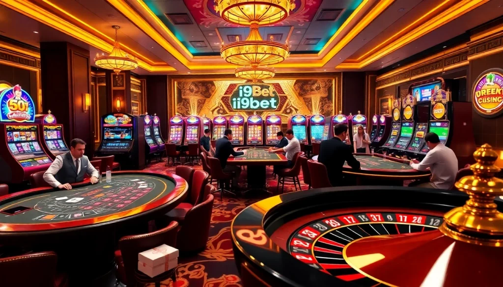 Exciting gameplay at i9bet casino featuring vibrant tables, neon lights, and poker chips.