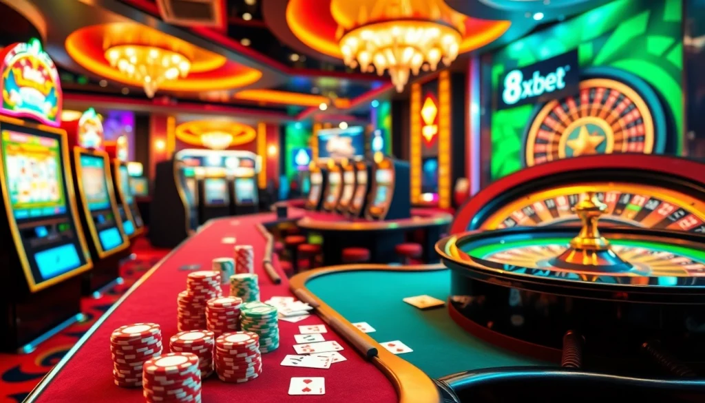 Experience excitement at 8xbet's luxurious casino with vibrant slot machines and thrilling card games.