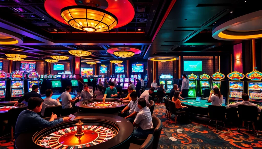 Link vào gg88 showcases an exciting casino environment with players at tables and slot machines.