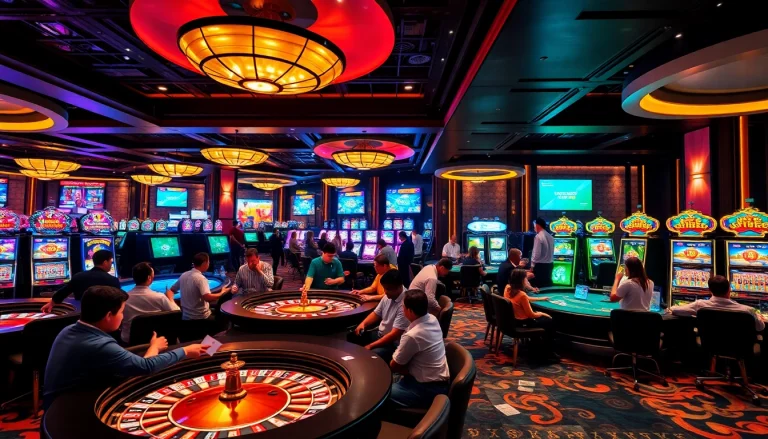 Link vào gg88 showcases an exciting casino environment with players at tables and slot machines.