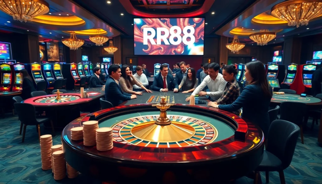 Experience the thrill of RR88 as players engage at luxurious casino tables filled with excitement.