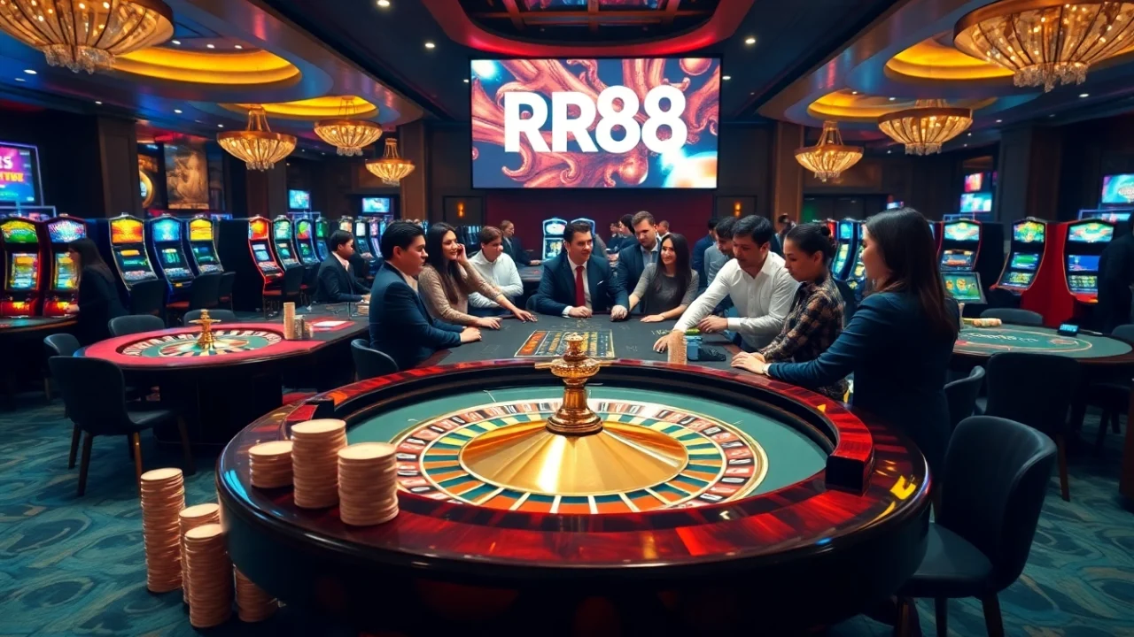 Experience the thrill of RR88 as players engage at luxurious casino tables filled with excitement.