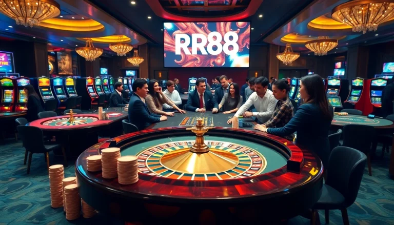 Experience the thrill of RR88 as players engage at luxurious casino tables filled with excitement.