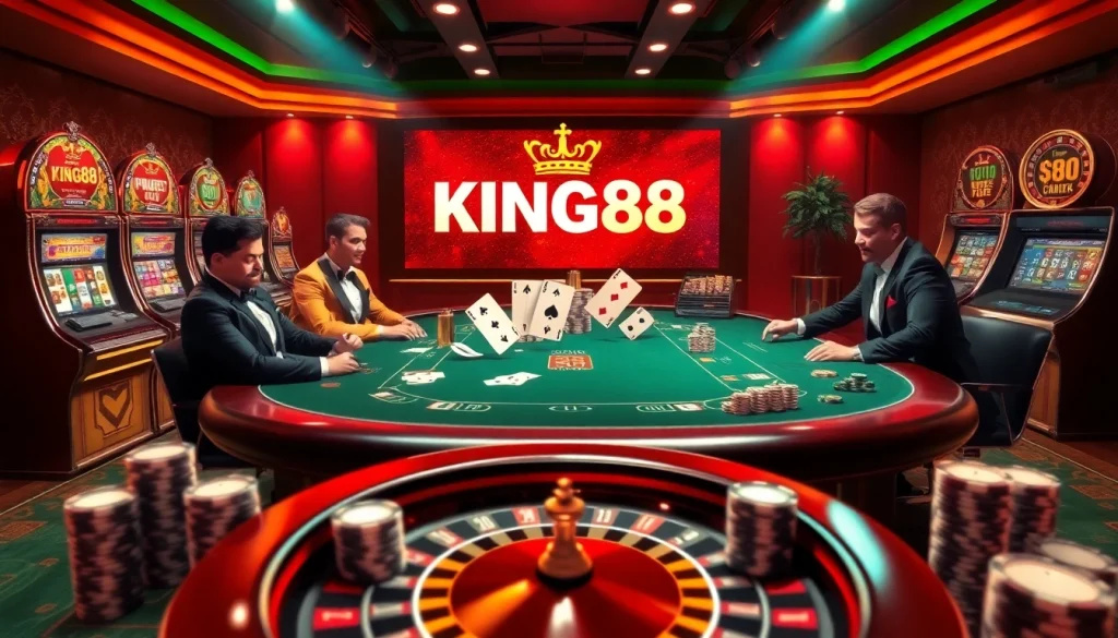 Experience the excitement of KING88 with vibrant poker action and luxurious casino visuals.