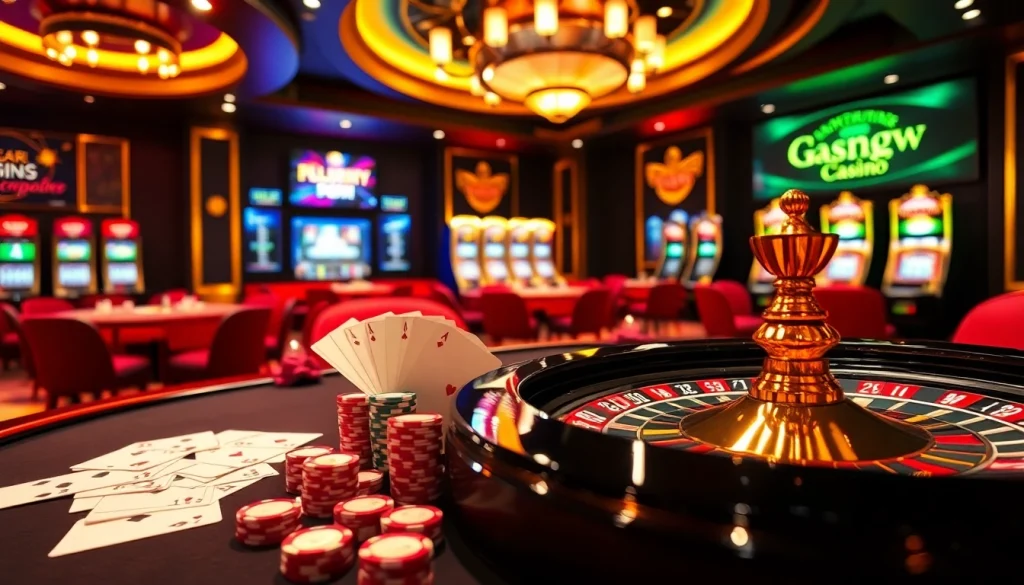 Action-packed scene of a luxurious gaming table at nhà cái 888new, featuring poker chips and cards.